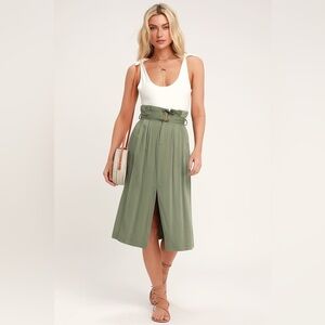 Lulus Jillian Olive Green Paper Bag Waist Midi Skirt Size S EUC